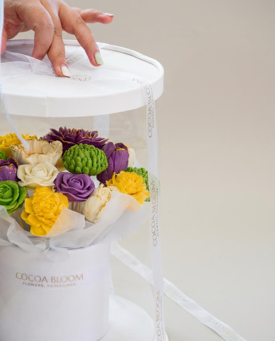 Purple lime green and yellow chocolate bouquet